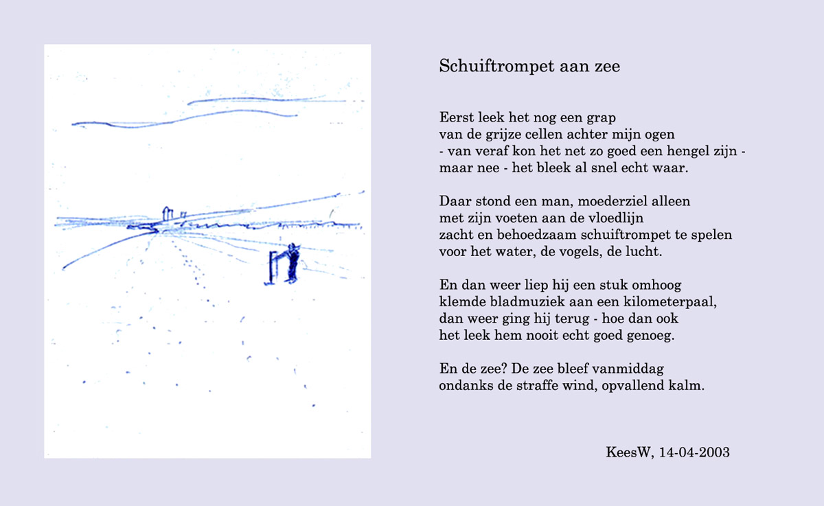 schuiftrompet aan zee, tekening en gedicht kees wennekendonk